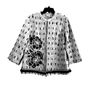 NWOT.  Chico's Gray & Black Fringe Open Front Jacket 1 (size 10)
